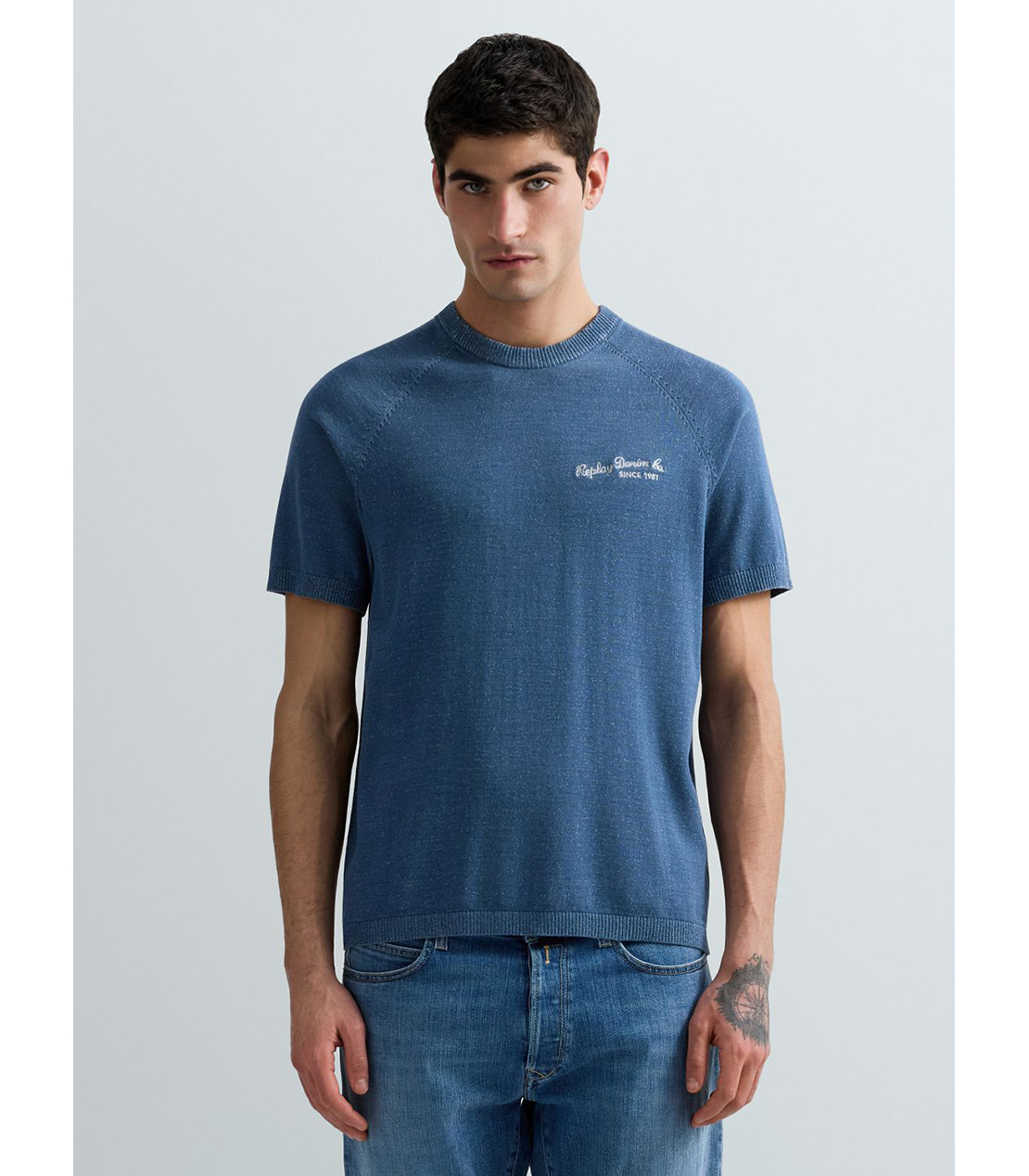 ブルーデニムハーフスリーブセーター